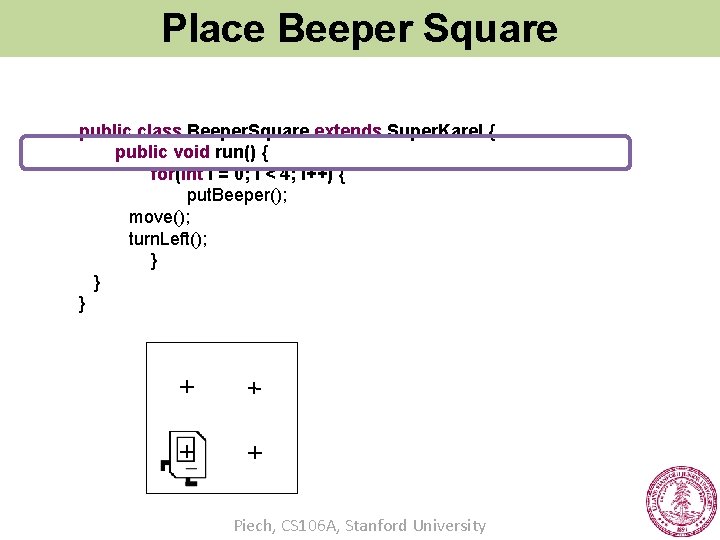 Place Beeper Square public class Beeper. Square extends Super. Karel { public void run()