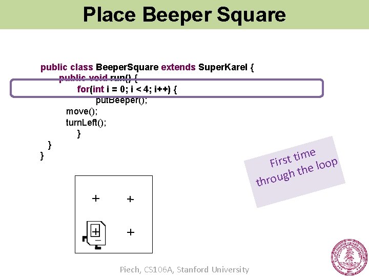 Place Beeper Square public class Beeper. Square extends Super. Karel { public void run()