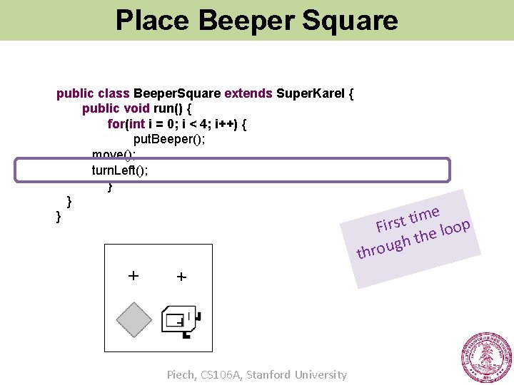 Place Beeper Square public class Beeper. Square extends Super. Karel { public void run()