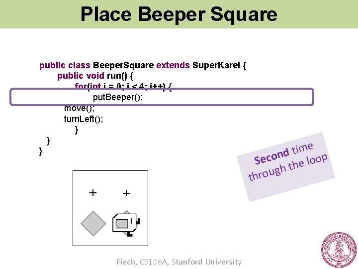 Place Beeper Square public class Beeper. Square extends Super. Karel { public void run()