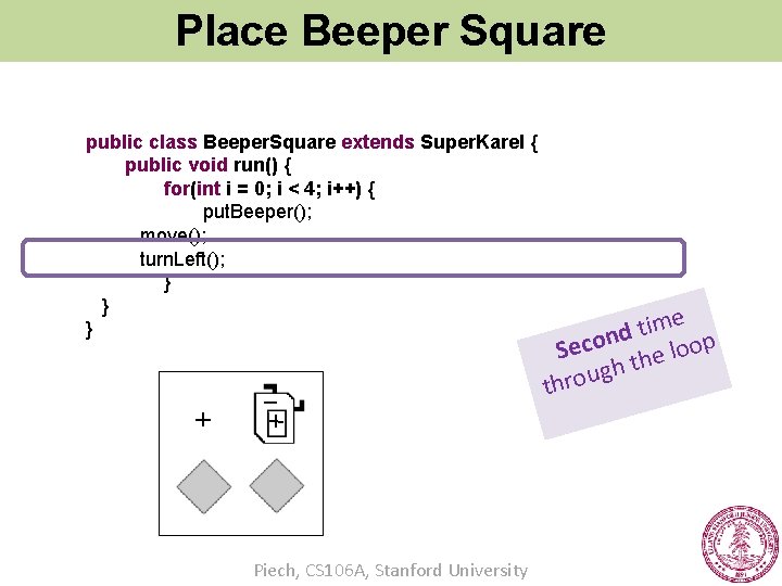 Place Beeper Square public class Beeper. Square extends Super. Karel { public void run()