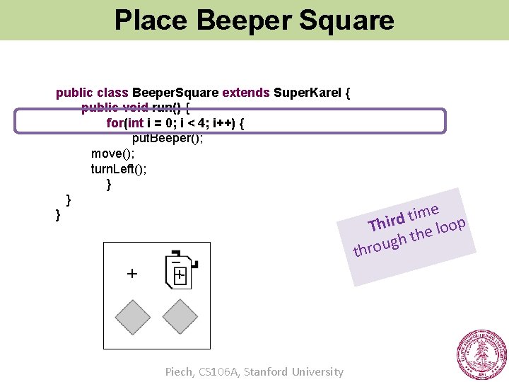 Place Beeper Square public class Beeper. Square extends Super. Karel { public void run()