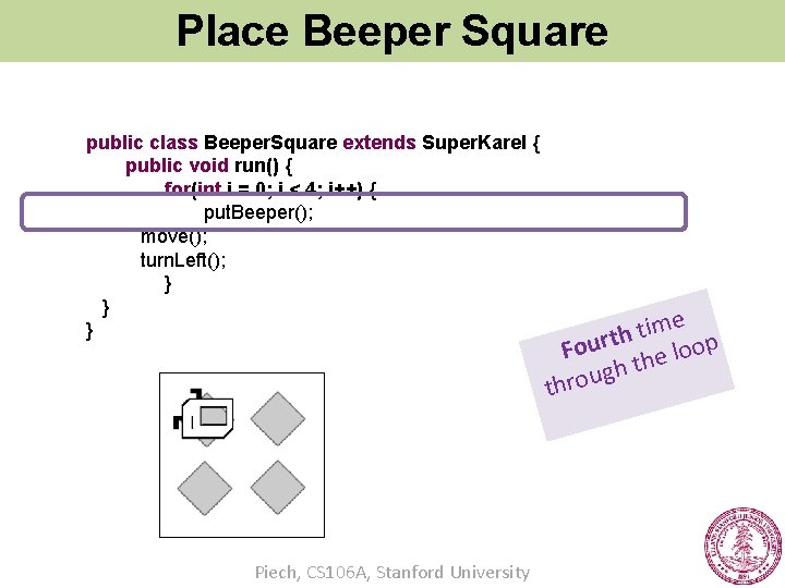 Place Beeper Square public class Beeper. Square extends Super. Karel { public void run()