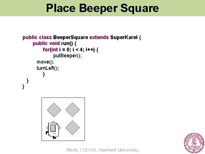 Place Beeper Square public class Beeper. Square extends Super. Karel { public void run()