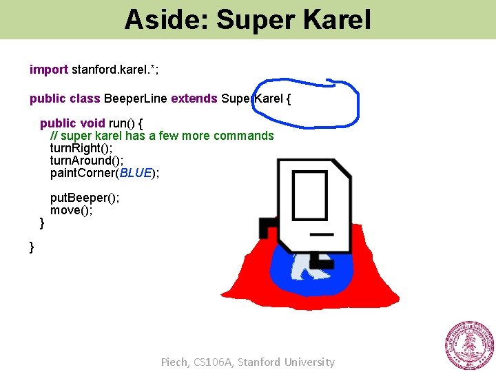 Aside: Super Karel import stanford. karel. *; public class Beeper. Line extends Super. Karel