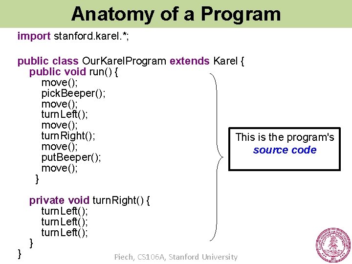 Anatomy of a Program import stanford. karel. *; public class Our. Karel. Program extends