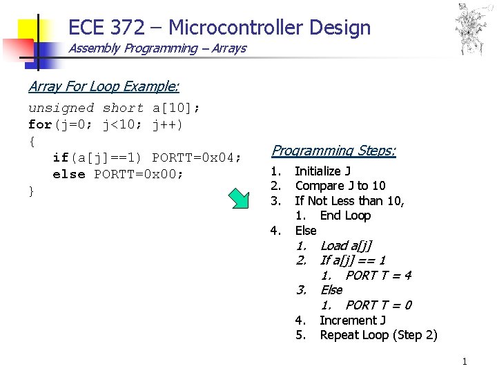 ECE 372 – Microcontroller Design Assembly Programming – Arrays Array For Loop Example: unsigned