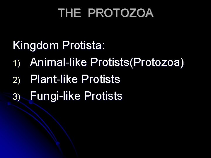 THE PROTOZOA Kingdom Protista: 1) Animal-like Protists(Protozoa) 2) Plant-like Protists 3) Fungi-like Protists 