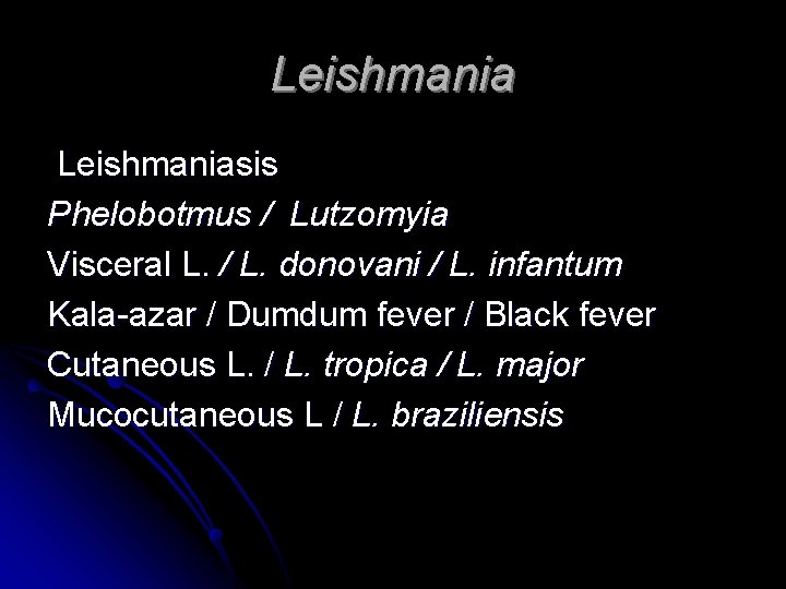 Leishmaniasis Phelobotmus / Lutzomyia Visceral L. / L. donovani / L. infantum Kala-azar /