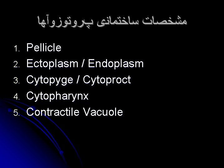  ﻣﺸﺨﺼﺎﺕ ﺳﺎﺧﺘﻤﺎﻧی پﺮﻭﺗﻮﺯﻭآﻬﺎ 1. 2. 3. 4. 5. Pellicle Ectoplasm / Endoplasm Cytopyge