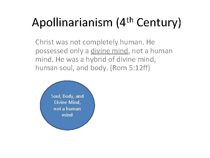 Apollinarianism (4 th Century) Christ was not completely human. He possessed only a divine