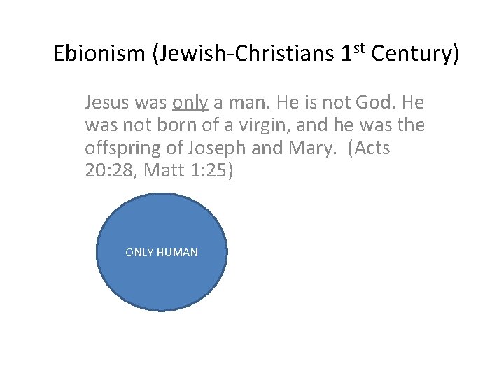 Ebionism (Jewish-Christians 1 st Century) Jesus was only a man. He is not God.