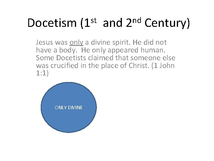 Docetism (1 st and 2 nd Century) Jesus was only a divine spirit. He