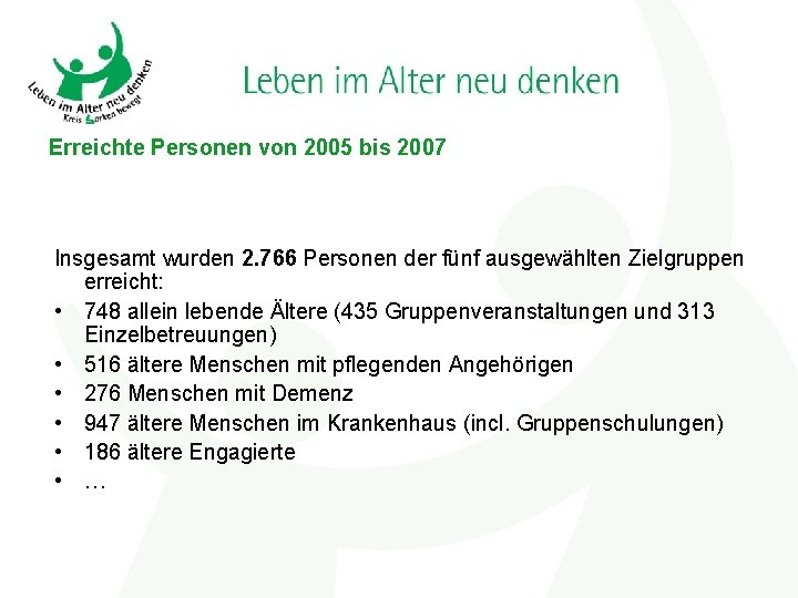 Erreichte Personen von 2005 bis 2007 Insgesamt wurden 2. 766 Personen der fünf ausgewählten