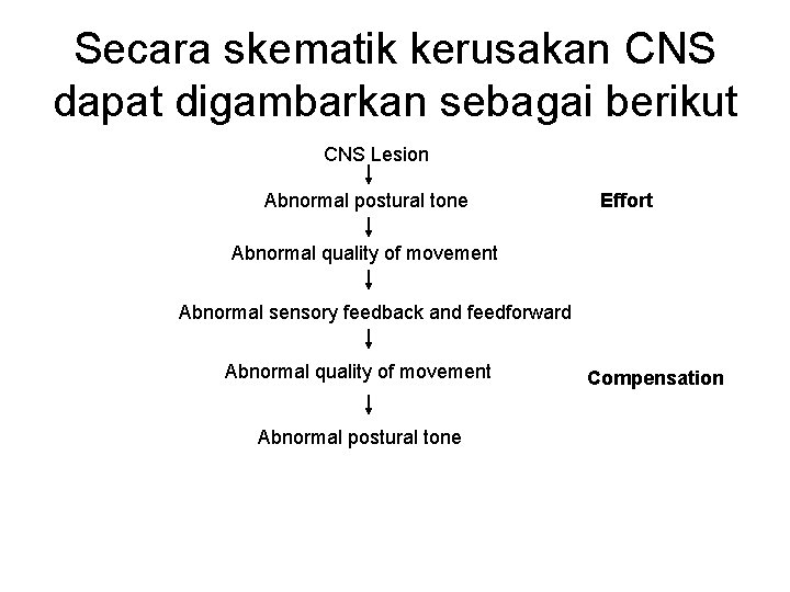 Secara skematik kerusakan CNS dapat digambarkan sebagai berikut CNS Lesion Abnormal postural tone Effort