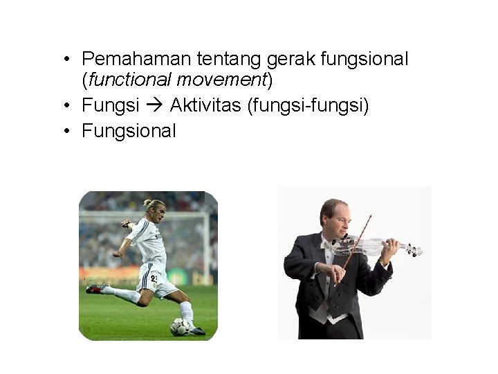  • Pemahaman tentang gerak fungsional (functional movement) • Fungsi Aktivitas (fungsi-fungsi) • Fungsional