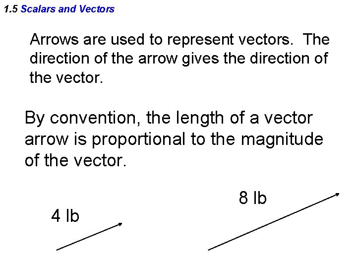 1. 5 Scalars and Vectors Arrows are used to represent vectors. The direction of