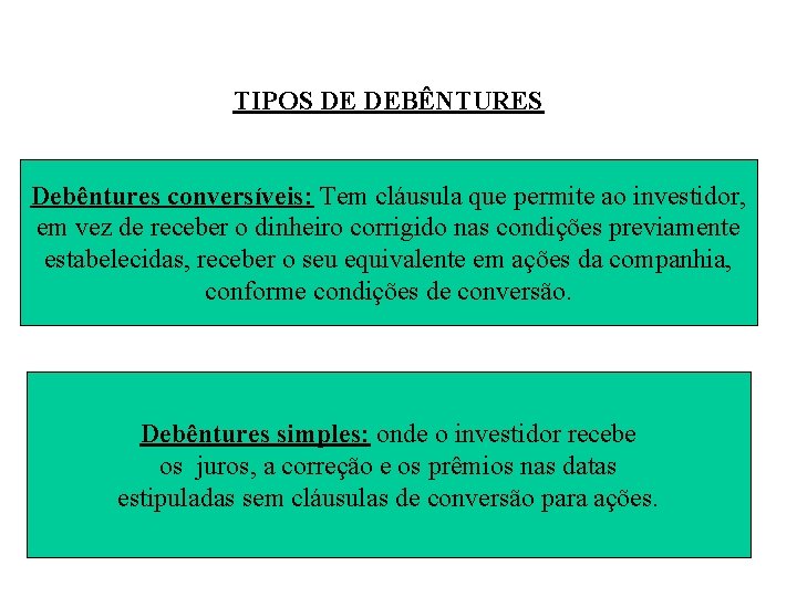 TIPOS DE DEBÊNTURES Debêntures conversíveis: Tem cláusula que permite ao investidor, em vez de