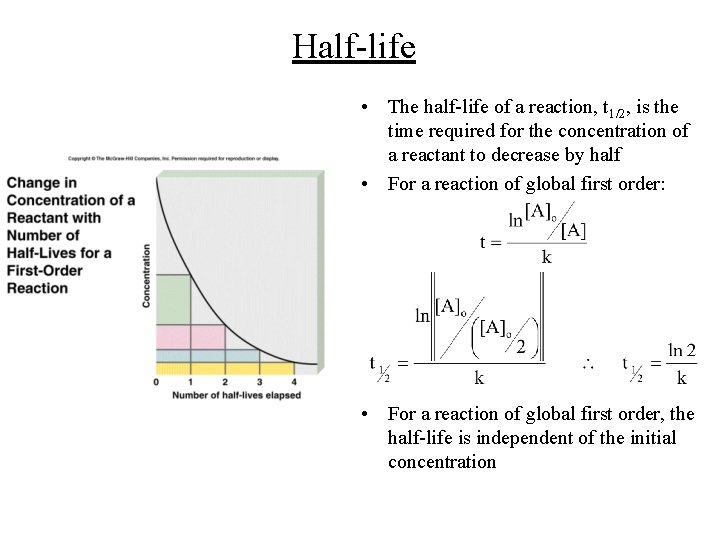 Half-life • The half-life of a reaction, t 1/2, is the time required for
