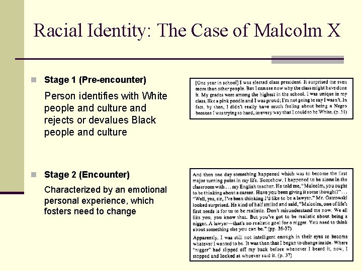 Racial Identity: The Case of Malcolm X n Stage 1 (Pre-encounter) Person identifies with