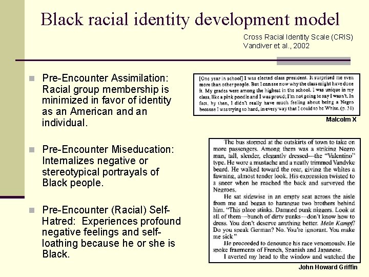 Black racial identity development model Cross Racial Identity Scale (CRIS) Vandiver et al. ,