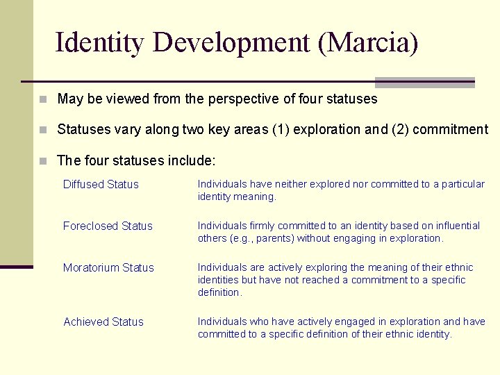 Identity Development (Marcia) n May be viewed from the perspective of four statuses n