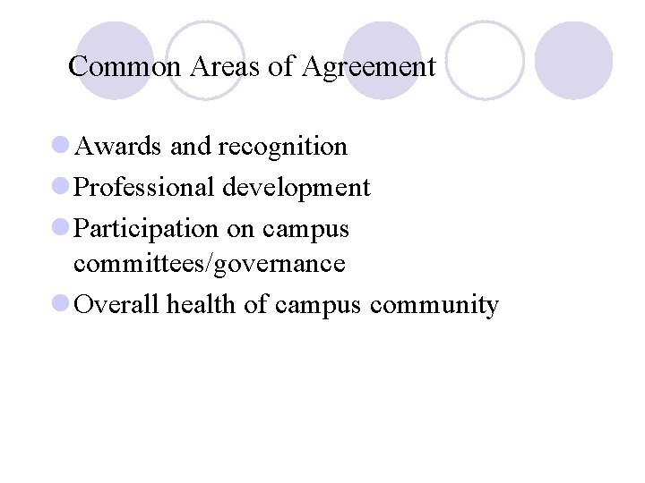 Common Areas of Agreement l Awards and recognition l Professional development l Participation on