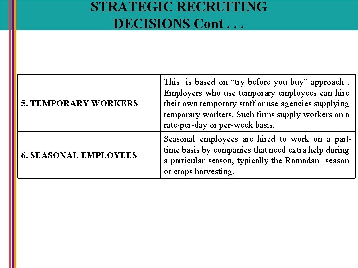 STRATEGIC RECRUITING DECISIONS Cont. . . 5. TEMPORARY WORKERS This is based on “try