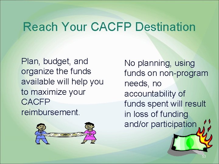 Reach Your CACFP Destination Plan, budget, and organize the funds available will help you