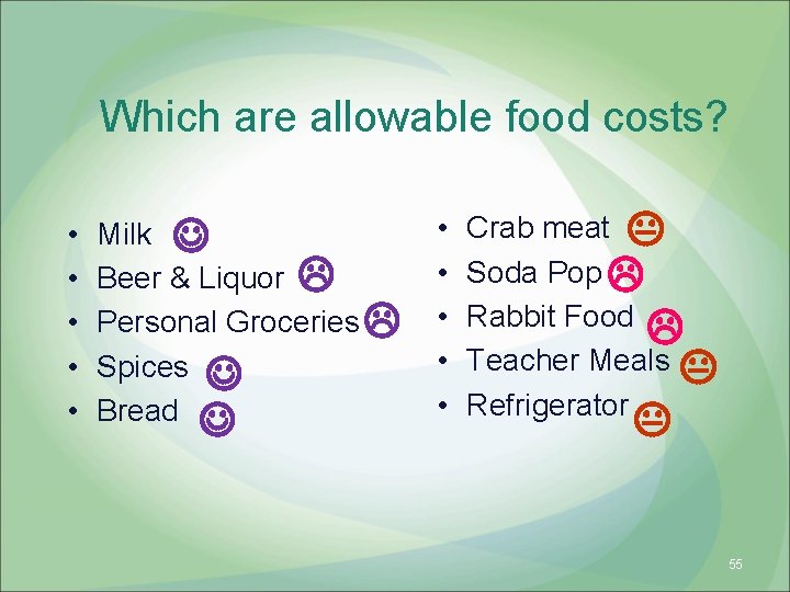 Which are allowable food costs? • • • Milk Beer & Liquor Personal Groceries