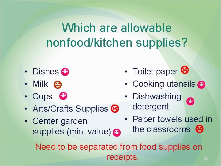 Which are allowable nonfood/kitchen supplies? • • • Dishes Milk Cups Arts/Crafts Supplies Center