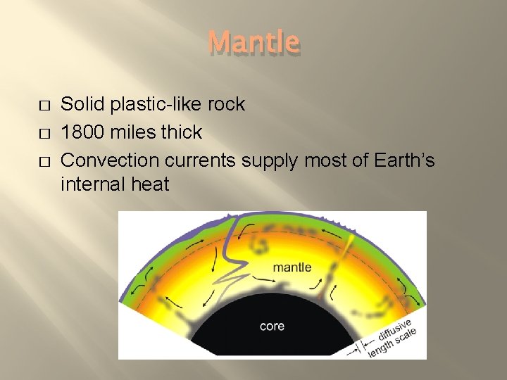 Mantle � � � Solid plastic-like rock 1800 miles thick Convection currents supply most