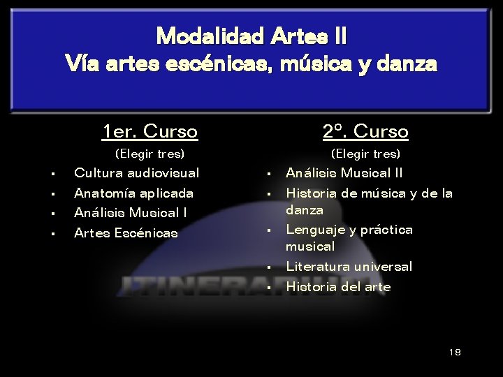 Modalidad Artes II Vía artes escénicas, música y danza § § 1 er. Curso