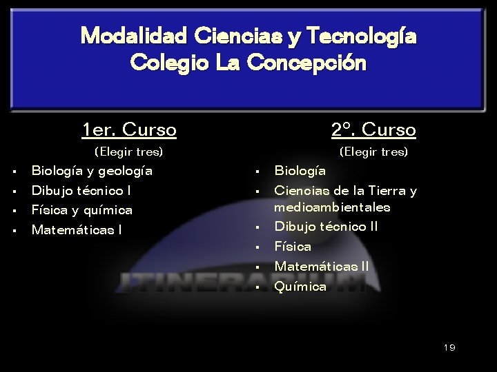 Modalidad Ciencias y Tecnología Colegio La Concepción § § 1 er. Curso 2º. Curso