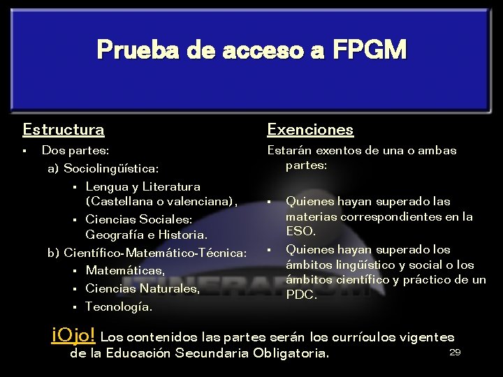 Prueba de acceso a FPGM Estructura § Dos partes: a) Sociolingüística: § Lengua y