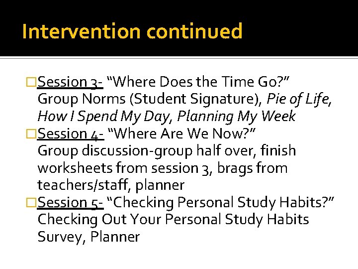 Intervention continued �Session 3 - “Where Does the Time Go? ” Group Norms (Student