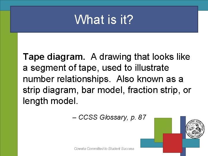 What is it? Tape diagram. A drawing that looks like a segment of tape,