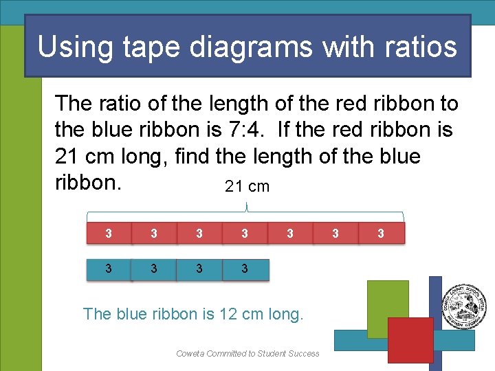 Using tape diagrams with ratios The ratio of the length of the red ribbon