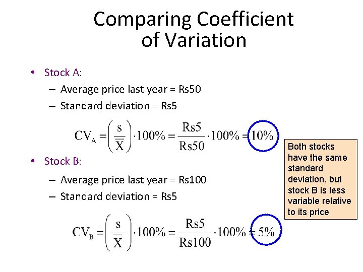 Comparing Coefficient of Variation • Stock A: – Average price last year = Rs