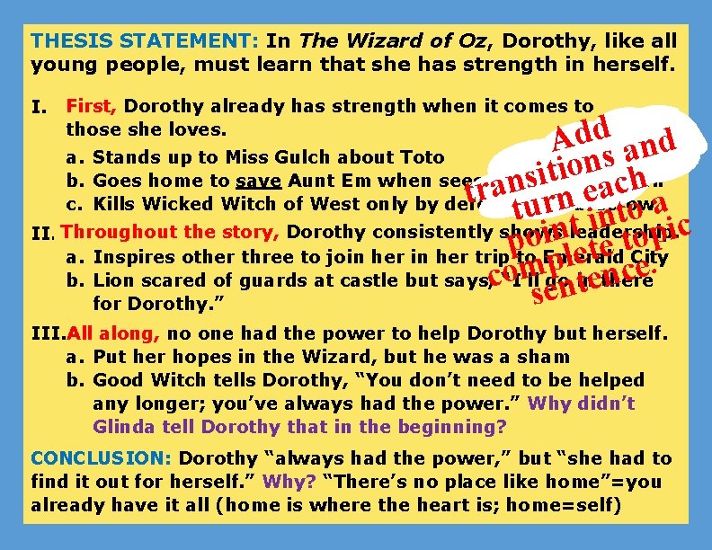 THESIS STATEMENT: In The Wizard of Oz, Dorothy, like all young people, must learn