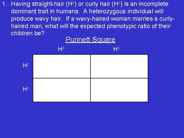 1. Having straight-hair (Hs) or curly hair (Hc) is an incomplete dominant trait in