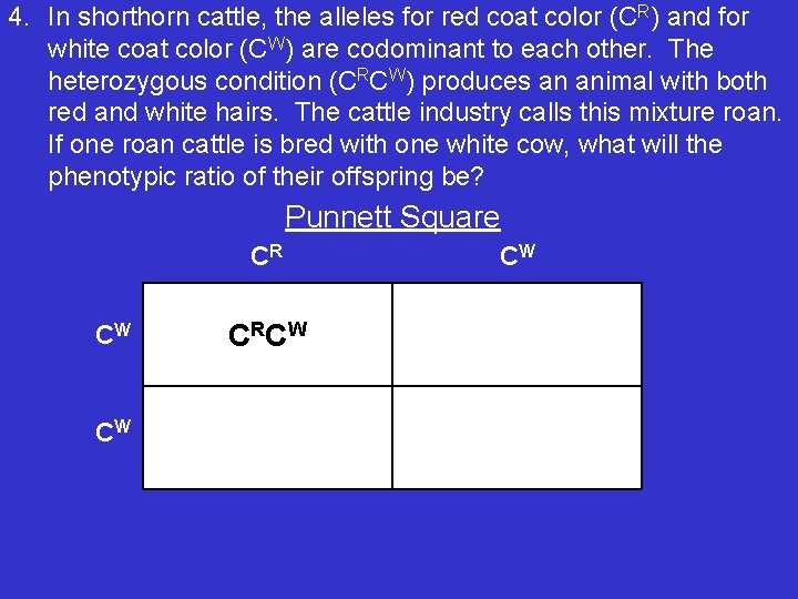 4. In shorthorn cattle, the alleles for red coat color (CR) and for white