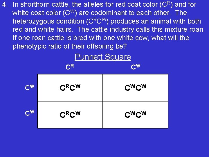 4. In shorthorn cattle, the alleles for red coat color (CR) and for white