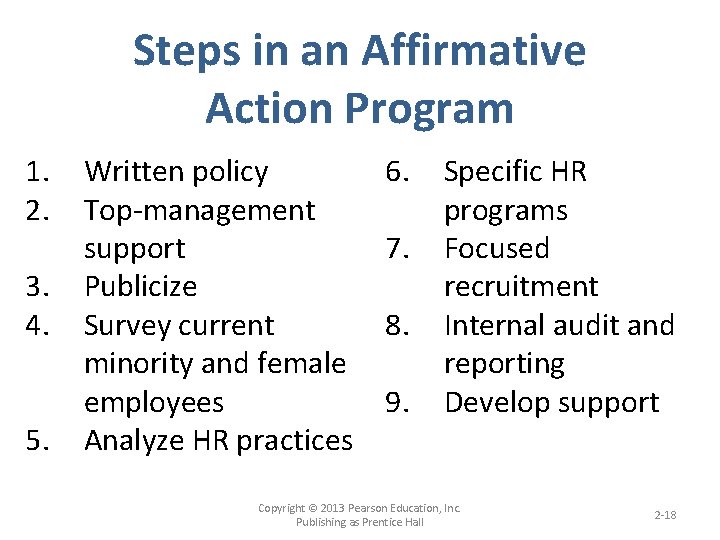 Steps in an Affirmative Action Program 1. 2. 3. 4. 5. Written policy Top-management