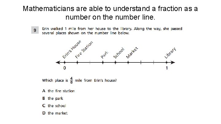 Mathematicians are able to understand a fraction as a number on the number line.
