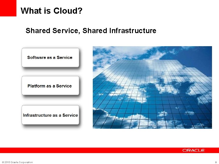 What is Cloud? Shared Service, Shared Infrastructure © 2010 Oracle Corporation 8 