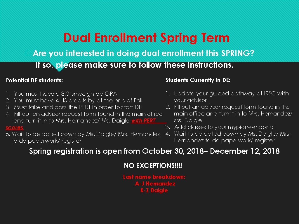 Dual Enrollment Spring Term Are you interested in doing dual enrollment this SPRING? If