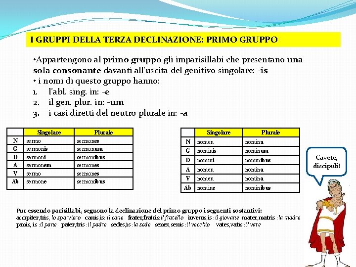 I GRUPPI DELLA TERZA DECLINAZIONE: PRIMO GRUPPO • Appartengono al primo gruppo gli imparisillabi