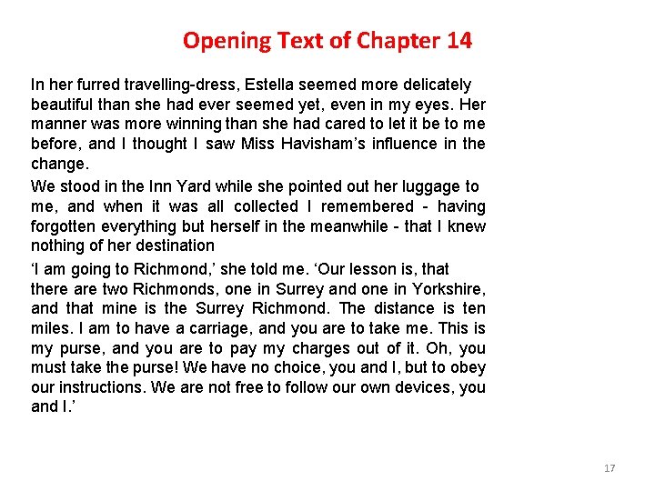 Opening Text of Chapter 14 In her furred travelling-dress, Estella seemed more delicately beautiful