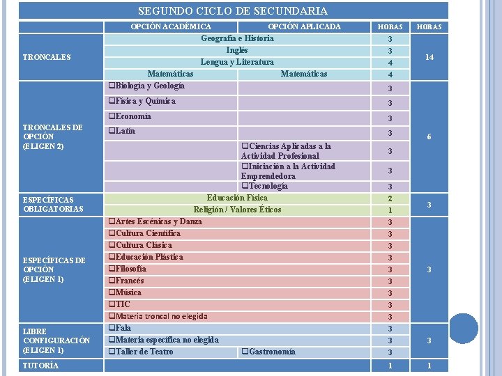 SEGUNDO CICLO DE SECUNDARIA OPCIÓN ACADÉMICA Geografía e Historia Inglés Lengua y Literatura TRONCALES